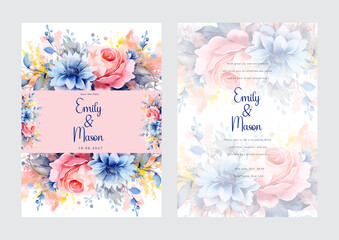 pastel blue pink rose flower floral vector romantic flower wedding invitation template with aesthetic border watercolor