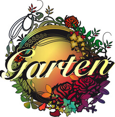 bunter Garten in Jugendstil Glasfenster Optik Schriftzug deutsch