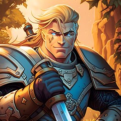 smile male king with blonde hair full body full armor warrior paladin attractive smooth sky blue eyes translucent crystal magic hammer weapon 8k hyperdetailed overdetailed art comic book page panel 