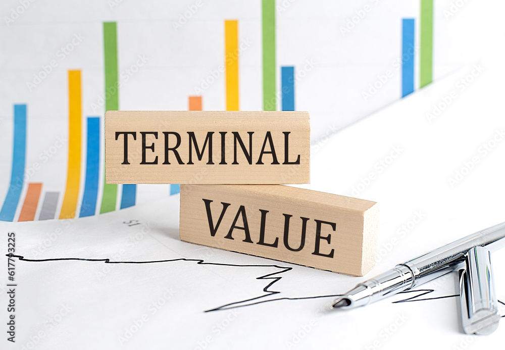 Poster terminal value text on a wooden block on chart background , business concept