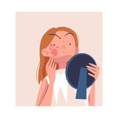 Woman Character with Skin Problem Suffering from Itching Face Looking in Mirror Vector Illustration