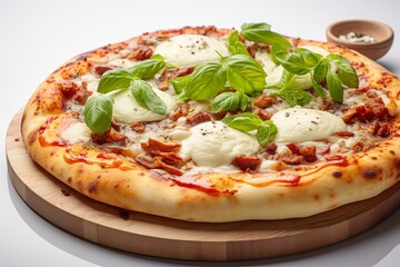 A bacon pizza served on a pizza board white background. Generative AI