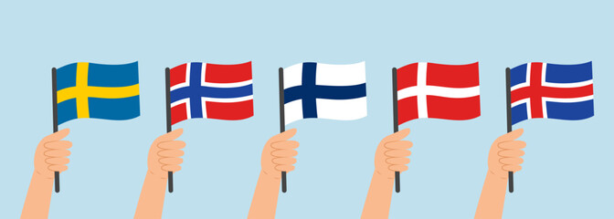 Hands holding flags of Scandinavian countries (Sweden, Norway, Finland, Denmark, Iceland). Vector illustration in flat style on blue background.