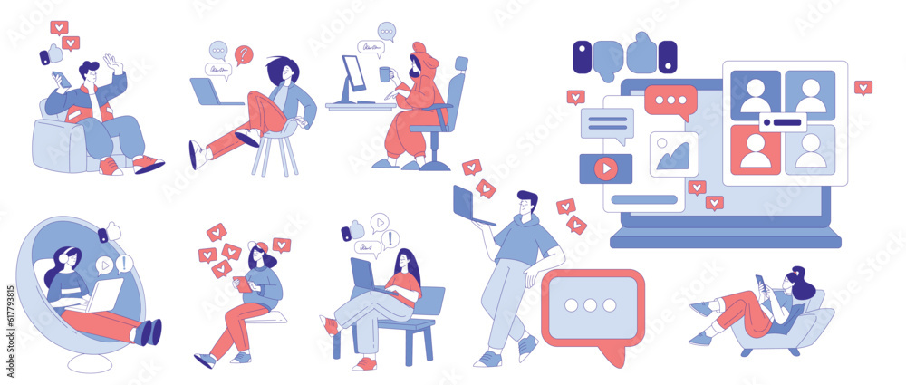 Poster people characters using social media with mobile gadget vector set