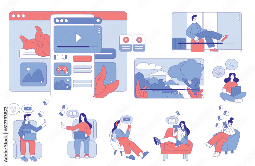 Poster people characters using social media with mobile gadget vector set