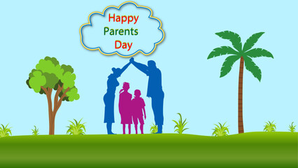 Concept Happy Global Parents Day. Father, mother & children playing in the ground. Vector Illustration for International Parents Day. Parents day lettering on sky background. Parents Day greeting.