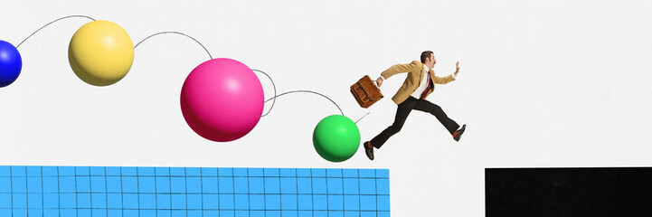 Hurrying businessman running away from giant balls as symbol business tasks, problems. Concept of...