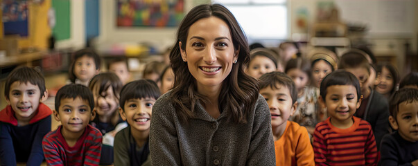 A teracher from the school smiling for the camera with children on the background.  generative ai