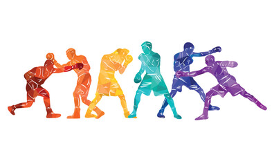 Fototapeta na wymiar Colorful vector boxing illustration. Bright silhouettes of boxers men. Fighter.