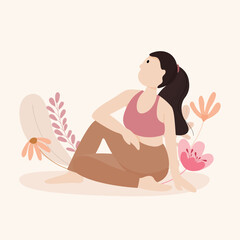 Yoga and relaxation for beautiful woman sitting with floral on pink tone. Design of lady yoga pose. Flat vector illustration for relaxation and healthcare concept.
