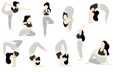 Woman practice yoga with different pose, sitting and standing. Tree pose, Standing Bow Pose. Mountain pose. Healthy lifestyle with yoga and fitness concept. Vector illustration on white background.