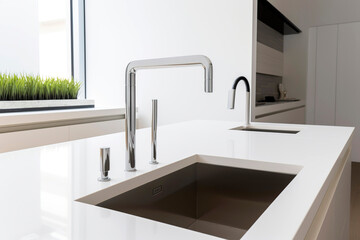 White minimalist kitchen countertop in natural light.