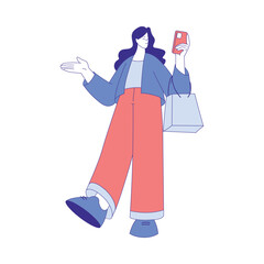 Social Media with Woman Character Walking with Smartphone Vector Illustration