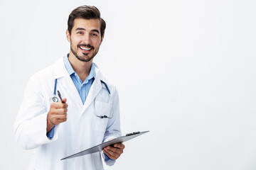 Man doctor in white coat with stethoscope and folder for notes and patient records smile and good test results look into camera on white isolated background, copy space, space for text, health