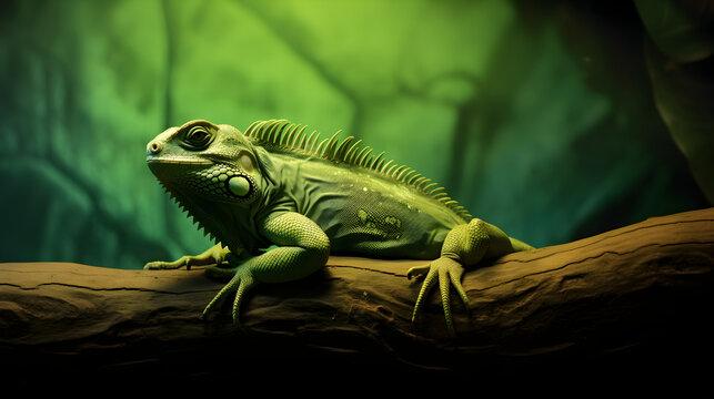 iguane vert sur une branche, sur fond vert - IA g&eacute;n&eacute;rative
