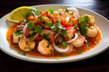 Seafood marinated in citrus juices, mixed with onions, tomatoes, and cilantro.