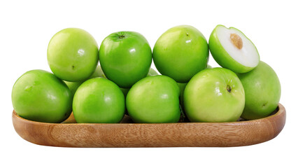 Green Jujube fruits in a wooden plate isolated on a white background