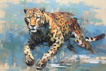 Leopard  form and spirit through an abstract lens. dynamic and expressive Leopard print by using bold brushstrokes, splatters, and drips of paint. Leopard raw power and untamed energy