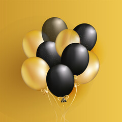 Festive design with realistic gold and black balloons. Stylish poster, cover, banner, website, mobile app, for greeting card or party invitation. Vector