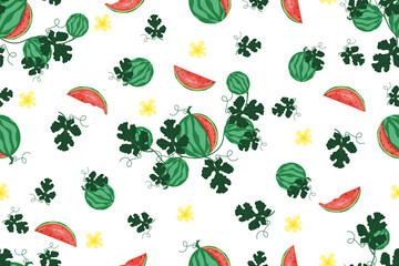 Seamless pattern with Watermelon, slice, green leaves and flowers. Watermelon Day horizontal banner. Endless ornament with Summer Fruit. Wallpaper and bed linen print. Vector illustration.