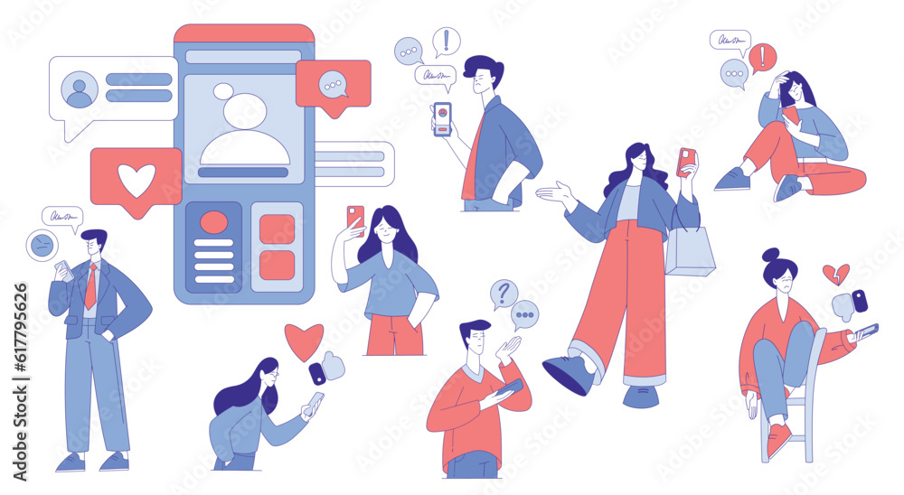 Poster people characters using social media with mobile gadget vector set