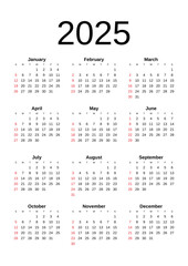 2025 Calendar year vector illustration. The week starts on Sunday. Annual calendar 2025 template. Calendar design in black and white colors, Sunday in red colors. Vector, made with Inkscape