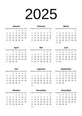 2025 Calendar year vector illustration. The week starts on Sunday. Annual calendar 2025 template. Calendar design in black and white colors, Sunday in red colors. Vector, made with Inkscape