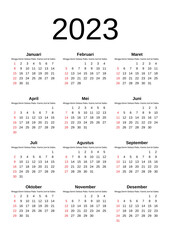 2023 Calendar year vector illustration. The week starts on Sunday. Annual calendar 2023 template. Calendar design in black and white colors, Sunday in red colors. Vector, made with Inkscape