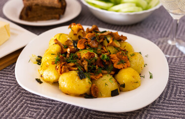 baked potatoes with chanterelles, served with herbs on white plate