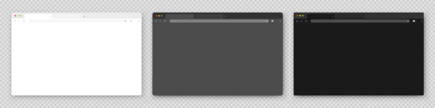 Browser windows. A set of realistic empty browser windows in white, gray and black with a toolbar, search bar and shadow on a gray background. 