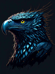 Scenic portrait of a eagle in colored ink on a black background