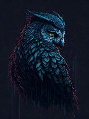 Scenic portrait of a owl in colored ink on a black background