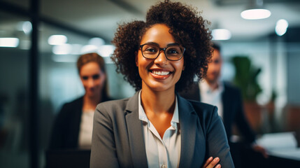 A confident businesswoman in a modern office space, brainstorming with a diverse team, highlighting the value of diversity and collaboration Generative AI