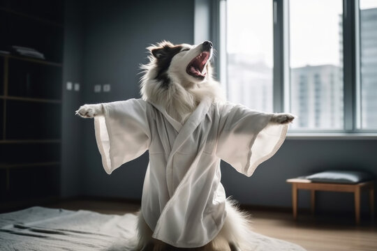 Happy dog in bathrobe dancing and singing in the bedroom, ai generative
