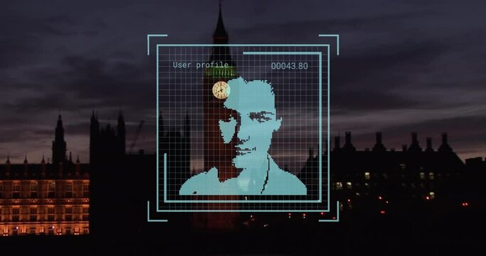 Animation of biometric photo, data processing over london cityscape