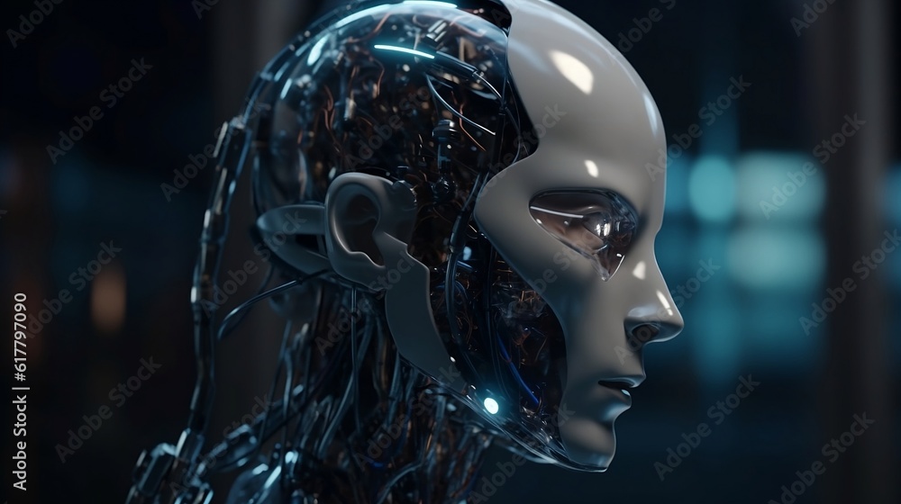 Poster a close-up of a robot's head, with a smooth white face and visible metallic gears and wires.
