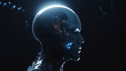 Futuristic Artificial intelligence, a digital humanoid android robot head.
