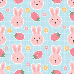 Whimsical Hand-Drawn Rabbit and Strawberry Pattern on Mesh Background - Cute and Playful Seamless Vector Illustration for Textile and Surface Design