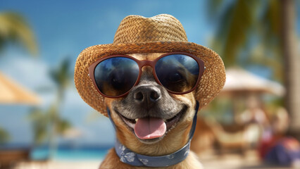 Vacation on the beach on summertime. Cute dog wearing hat beach and sunglass looks stylish.