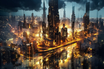 Fototapeta na wymiar Aerial view captures the enchanting allure of a fantasy city, adorned with captivating dark and golden lights, creating a mesmerizing and ethereal atmosphere. Generative AI.