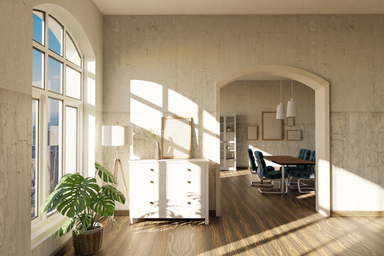 luxurious loft apartment with arched window and noble minimalistic interior living room design; 3D Illustration