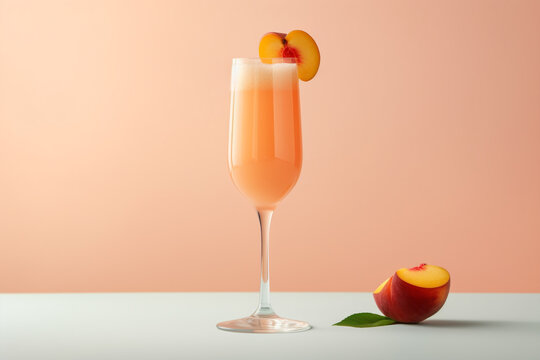 Bellini cocktail on light stone background. Summer cocktail with peach on light background. Generative AI