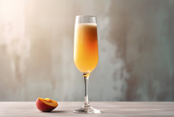Bellini cocktail on light stone background. Summer cocktail with peach on light background. Generative AI