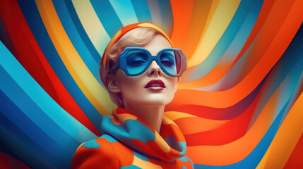 Bright fashion portrait of stylish woman on bright striped background, ai generative