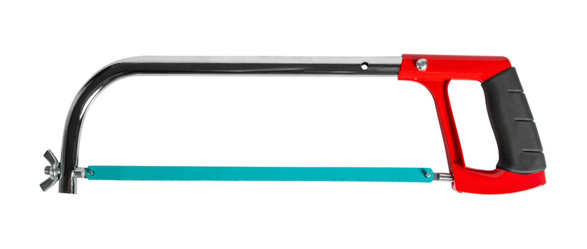 Blue hacksaw with the red handle on white background. Files with clipping paths to make it easier to work.