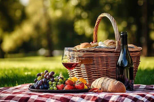 Picnic in the park with wine, berries and bakery products.