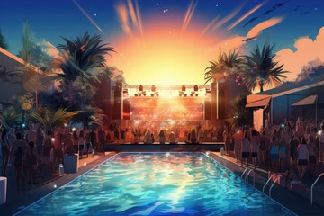 The concept of a concert or beach party by the pool.