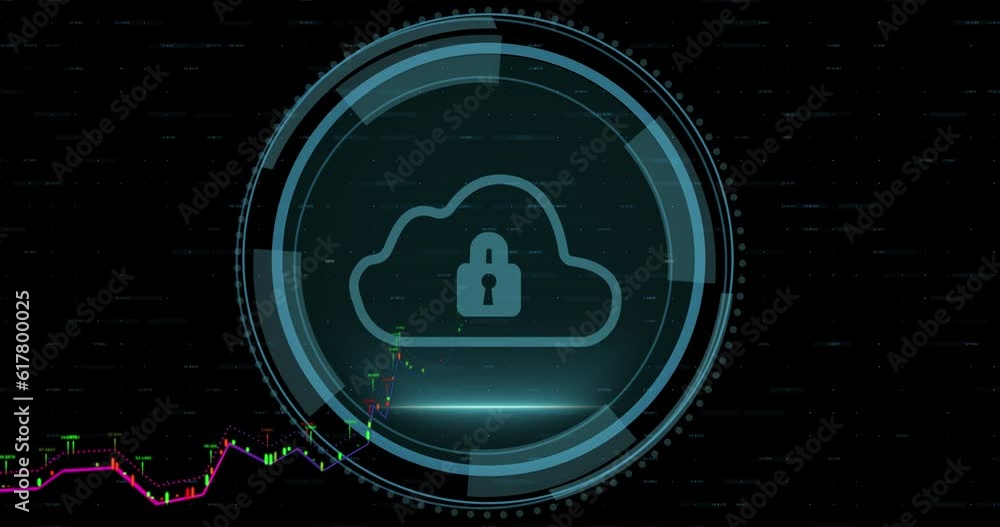 Poster animation of graph over padlock in cloud and circles against numbers on black background