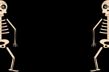 Big horizontal Halloween banner with Skeleton isolated on black background with space for text. Concept for Halloween poster with Dead human and copy space. Flat vector illustration. Horror Art. 