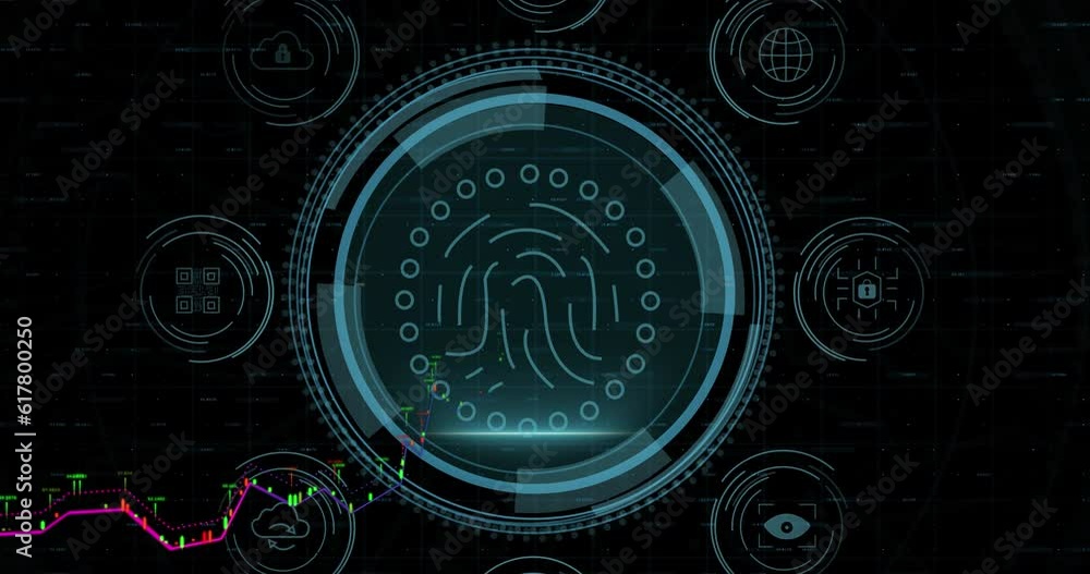Poster animation of graphs over fingerprint in circle and multiple icons against black background